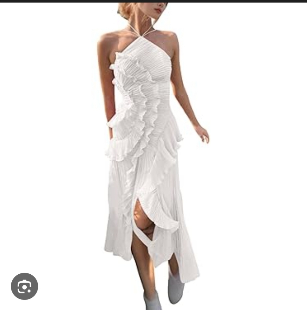 White Ruffled Halter Midi Dress - Elegant Women's Dress